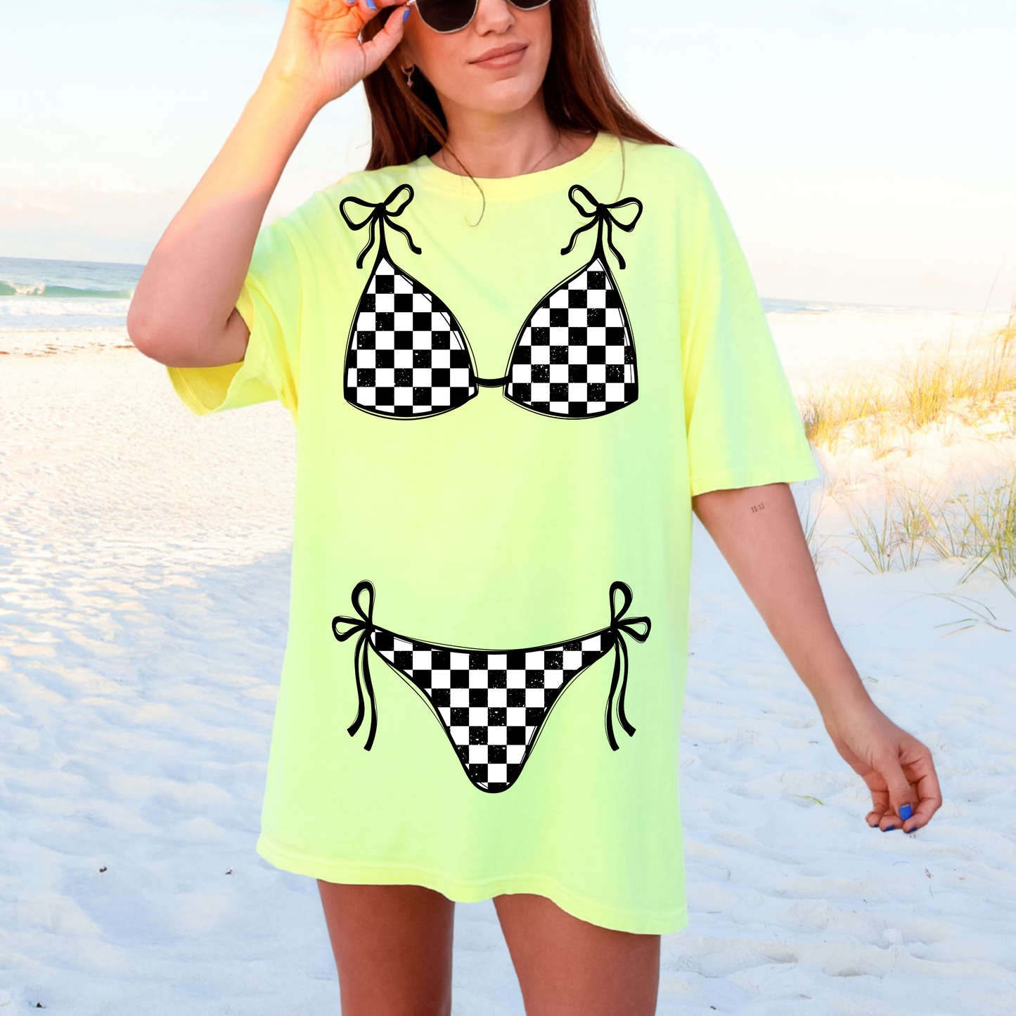 Checkered bathing suit tee